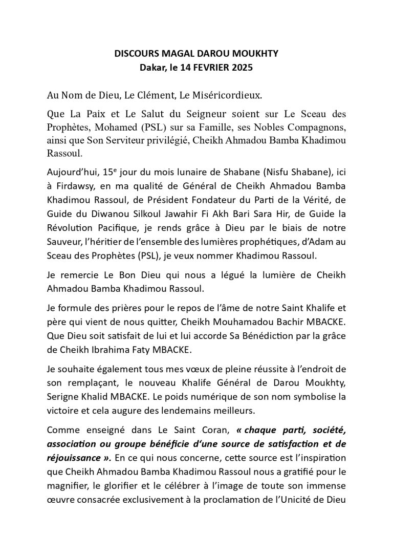 Discours Magal Darou Moukhty – Dakar le 14 Février 2025