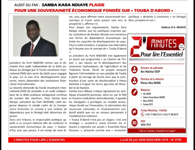AUDIT DU FMI : SAMBA KARA NDIAYE PLAIDEPOUR UNE SOUVERAINETÉ ÉCONOMIQUE FONDÉE SUR « TOUBA D’ABORD »