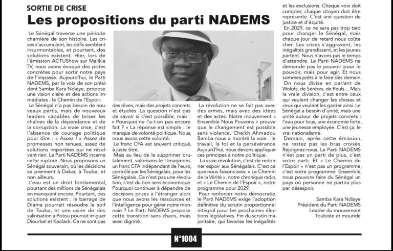 Les propositions du parti NADEMS